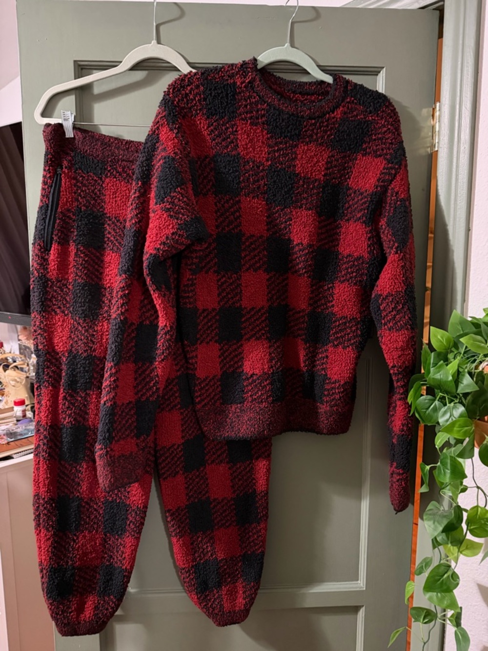 SKIMS Red and Black Buffalo Plaid Crewneck Lounge Set- Top is small/bottom XS
